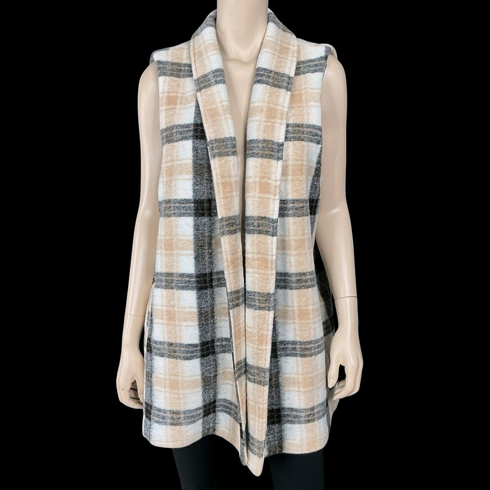 Joie Vest Women XL Beige Black Plaid Sleeveless Longline Open Collared Wool